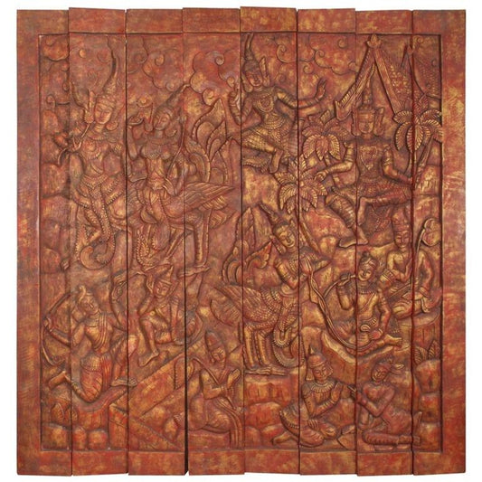 Monumental Vintage Thai Hand-Carved Wood Kinnari Wall Panel, Red and Gold