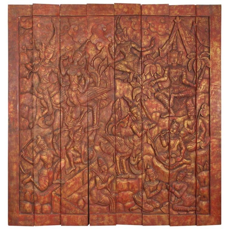 Antique Monumental Asian Hand-Carved Wooden Decorative Mural Panel 8ft