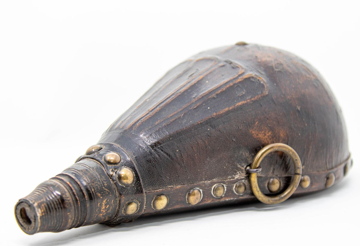 Antique Moroccan Carved Wood and Tooled Leather Powder Flask, 19th Century