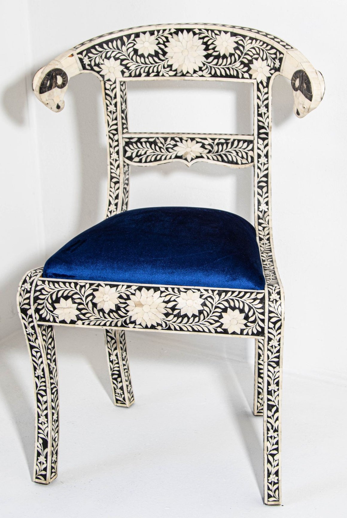 Antique Anglo-Indian Side Chair with Ram's Head Bone Inlaid Royal Blue Seat
