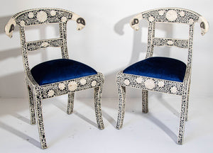 Antique Anglo-Indian Side Chairs with Ram's Head Bone Inlay Royal Blue Seat Pair