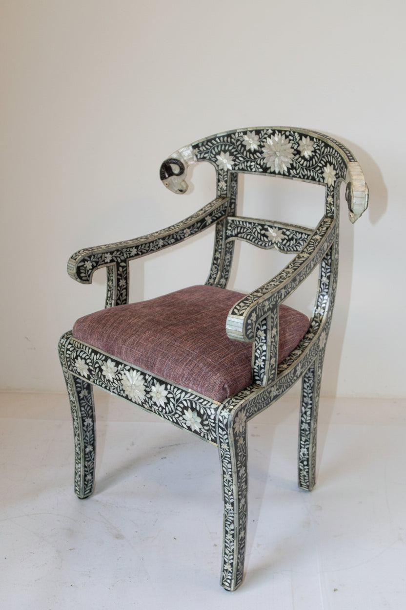 Anglo-Indian Mughal Mother of Pearl Inlaid Klismos Armchair with Ram Head 1 of 2