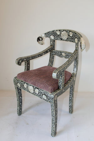 Anglo-Indian Mughal Mother of Pearl Inlaid Klismos Armchair with Ram Head 1 of 2