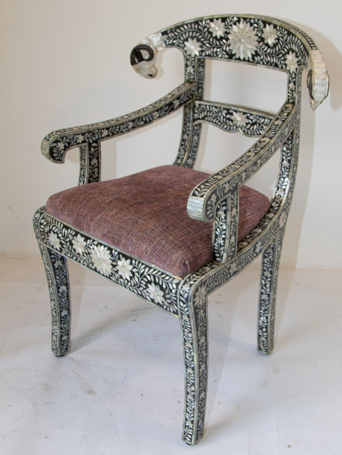 Anglo-Indian Mughal Mother of Pearl Inlaid Klismos Armchair with Ram Head 1 of 2