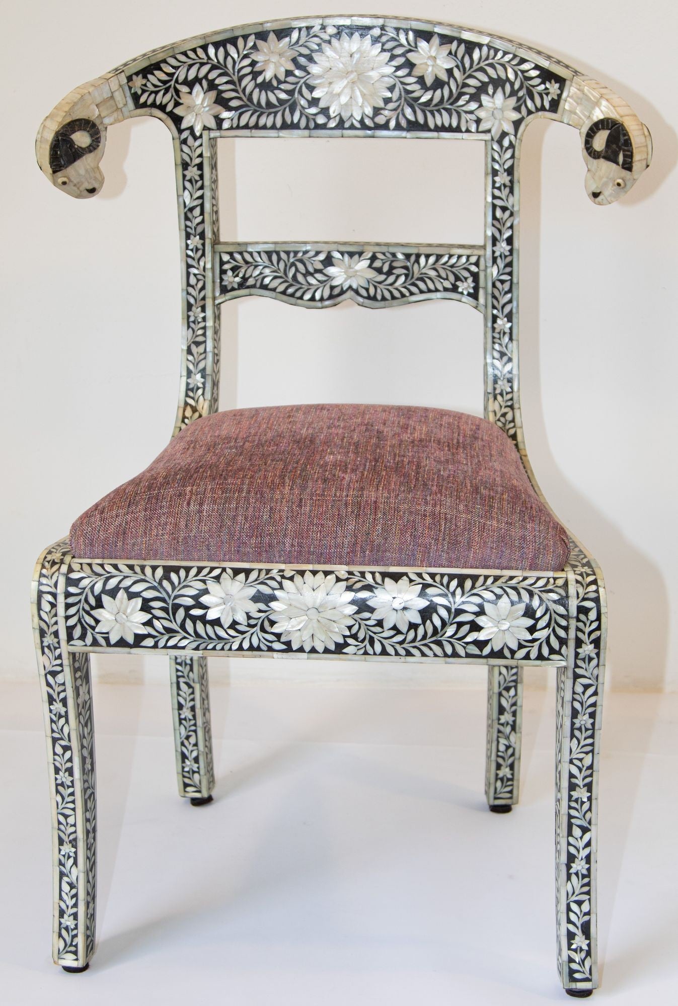 Anglo-Indian Mughal Mother of Pearl Inlaid Side Chair with Ram's Head 1 of 4