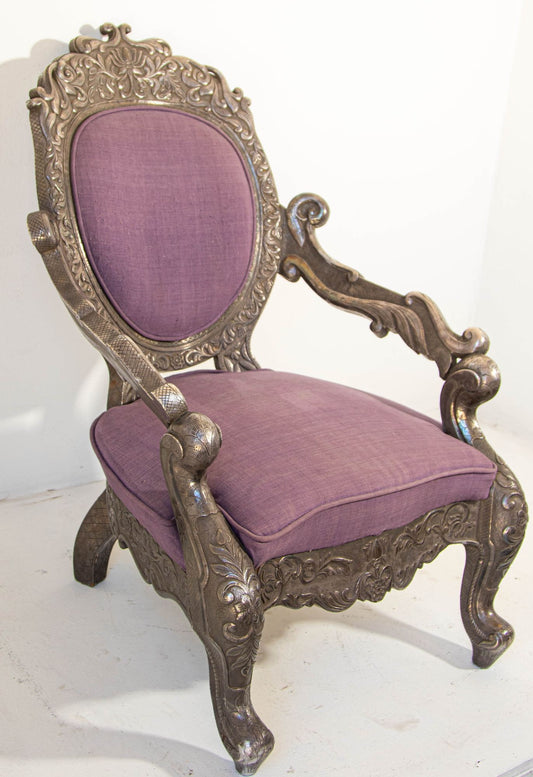 Antique Anglo Indian Throne Armchair, Hand-Carved, 1890s