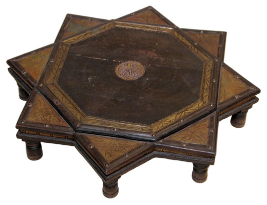 Indian Star Shape Wooden and Brass Low Coffee Table 1950s