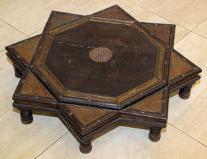 Indian Star Shape Wooden and Brass Low Coffee Table 1950s