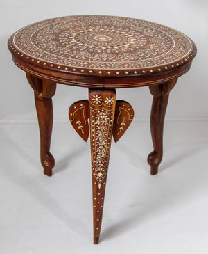 19th c. Anglo Indian Mughal Teak Bone Inlaid Round Side Table