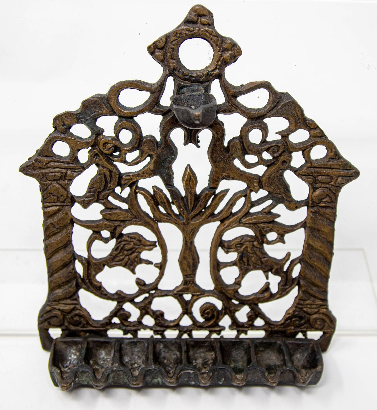 19th Century Moroccan Brass Hanukkah Oil Lamp Menorah, Antique Jewish Judaica