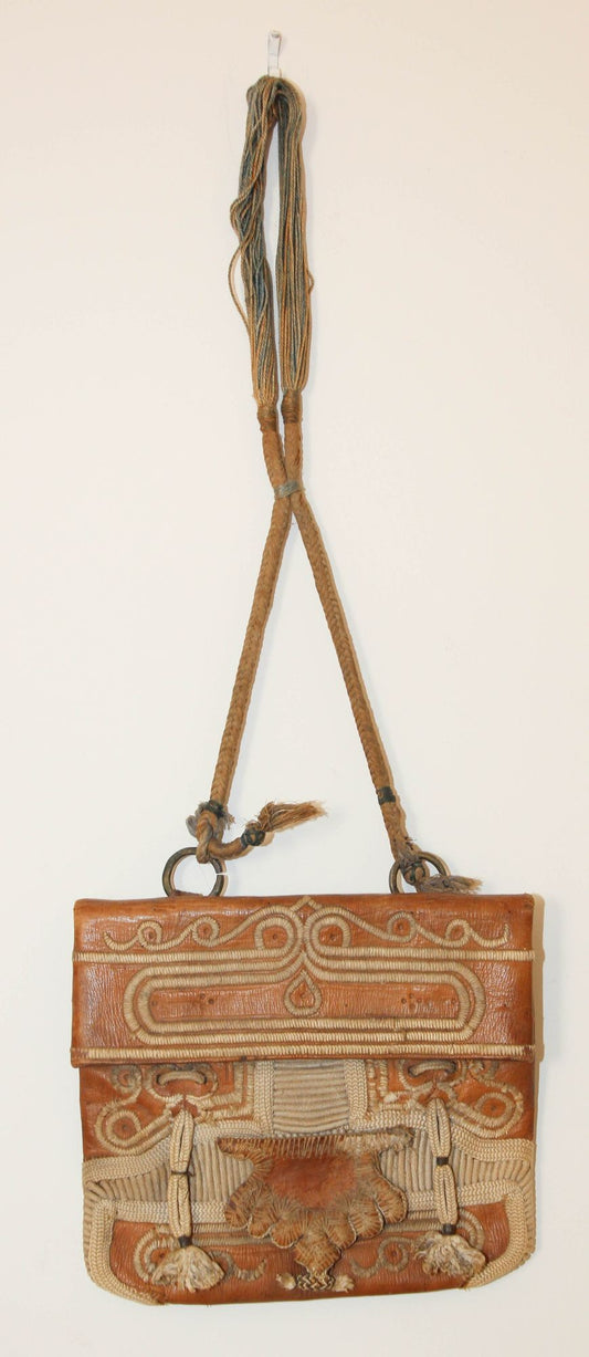 Antique Hand Tooled Leather African Tribal Moroccan Bag Collectible, 1940s