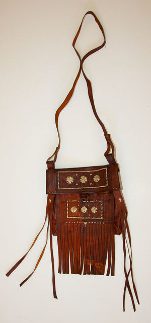 Moroccan Vintage Leather Handcrafted African Tuareg Bag with Fringes Wall Art