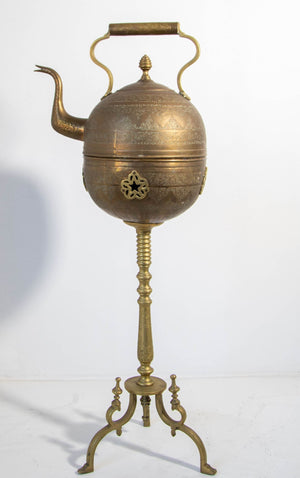 Monumental Moroccan Engraved Brass Tea Kettle on Stand