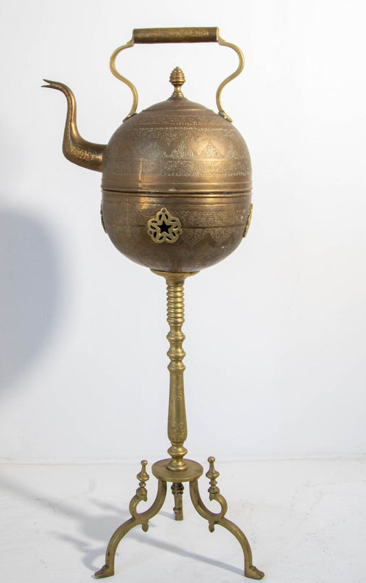 Monumental Moroccan Engraved Brass Tea Kettle on Stand