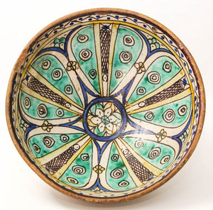 Antique 19th C. Moroccan Ceramic Bowl Polychrome Footed Dish Fez