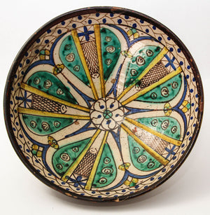 19th C. Moroccan Ceramic Bowl Polychrome Footed Dish Fez