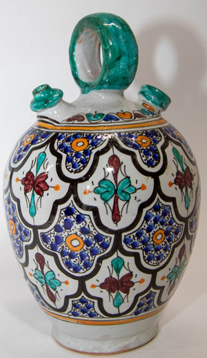 Vintage 1940s Moroccan Fez Polychrome Ceramic Water Moorish Hand-Painted Jug