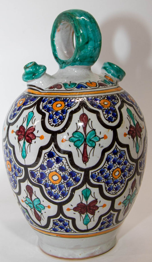 Vintage 1940s Moroccan Fez Polychrome Ceramic Water Moorish Hand-Painted Jug