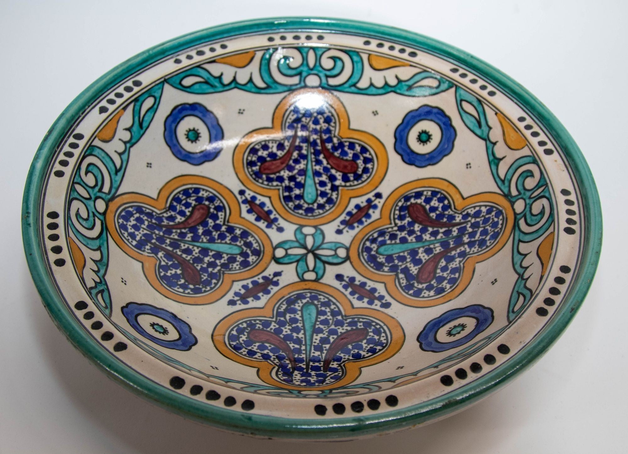 Antique Moroccan Ceramic Bowl from Fez 1940's Moorish Design