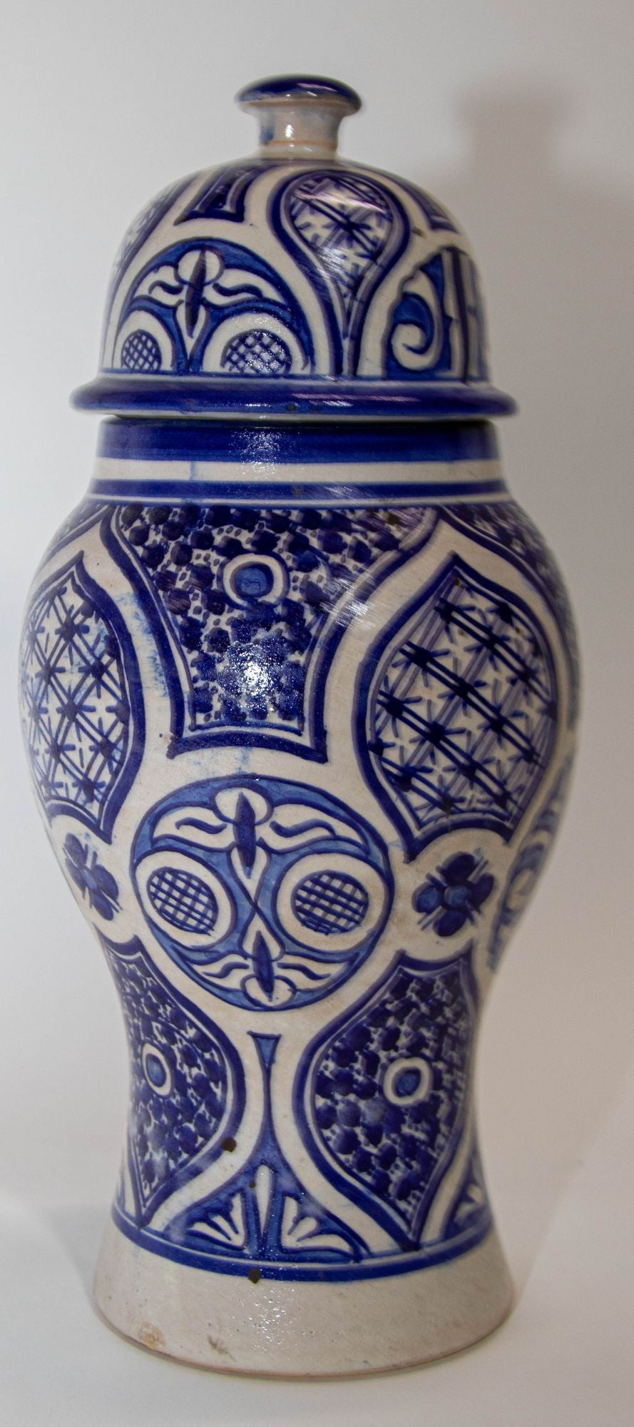 Moroccan Ceramic Blue and White Moorish Jar from Fez 1950s