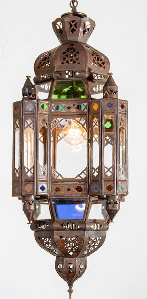 Vintage Moroccan Traditional Moorish Metal and Glass Lantern Ceiling Light