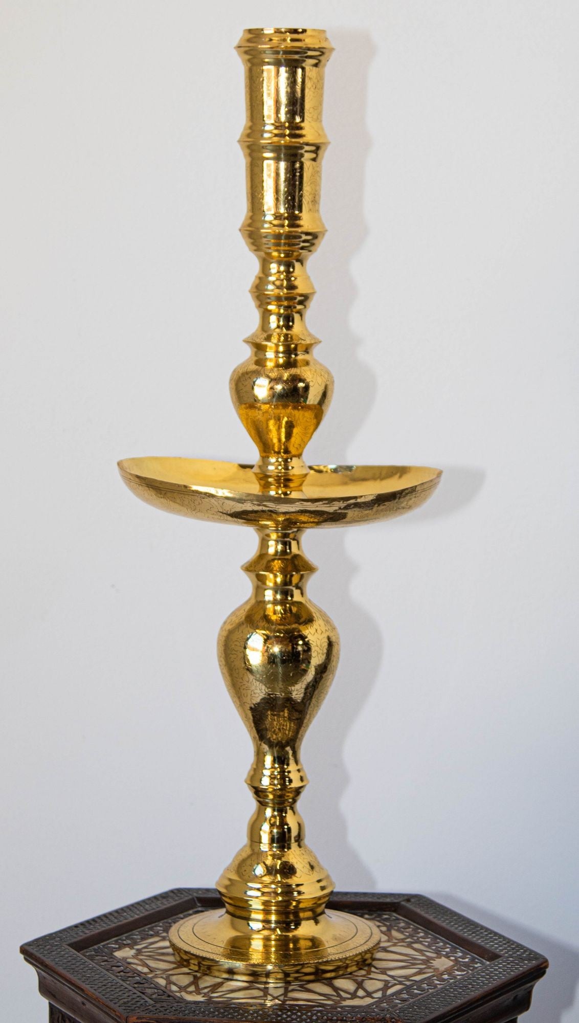 Vintage Polished Brass Moroccan Pillar Candle Holder