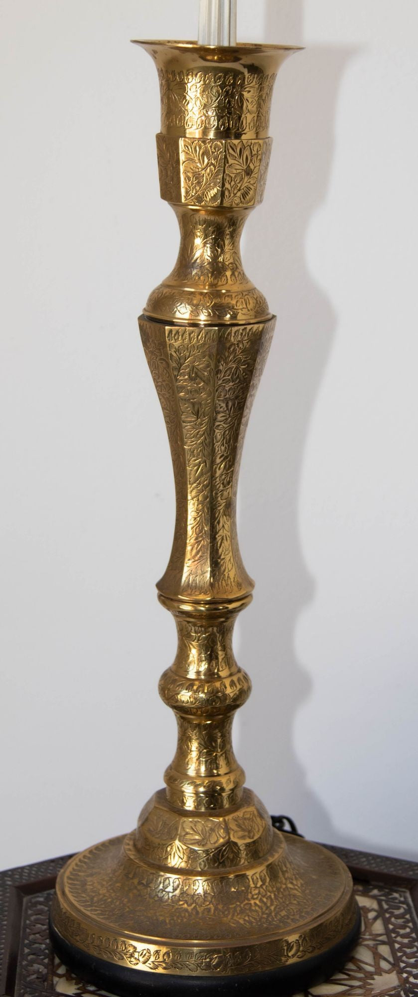 Vintage Polished Etched Solid Brass Candle Holder Table Lamp India