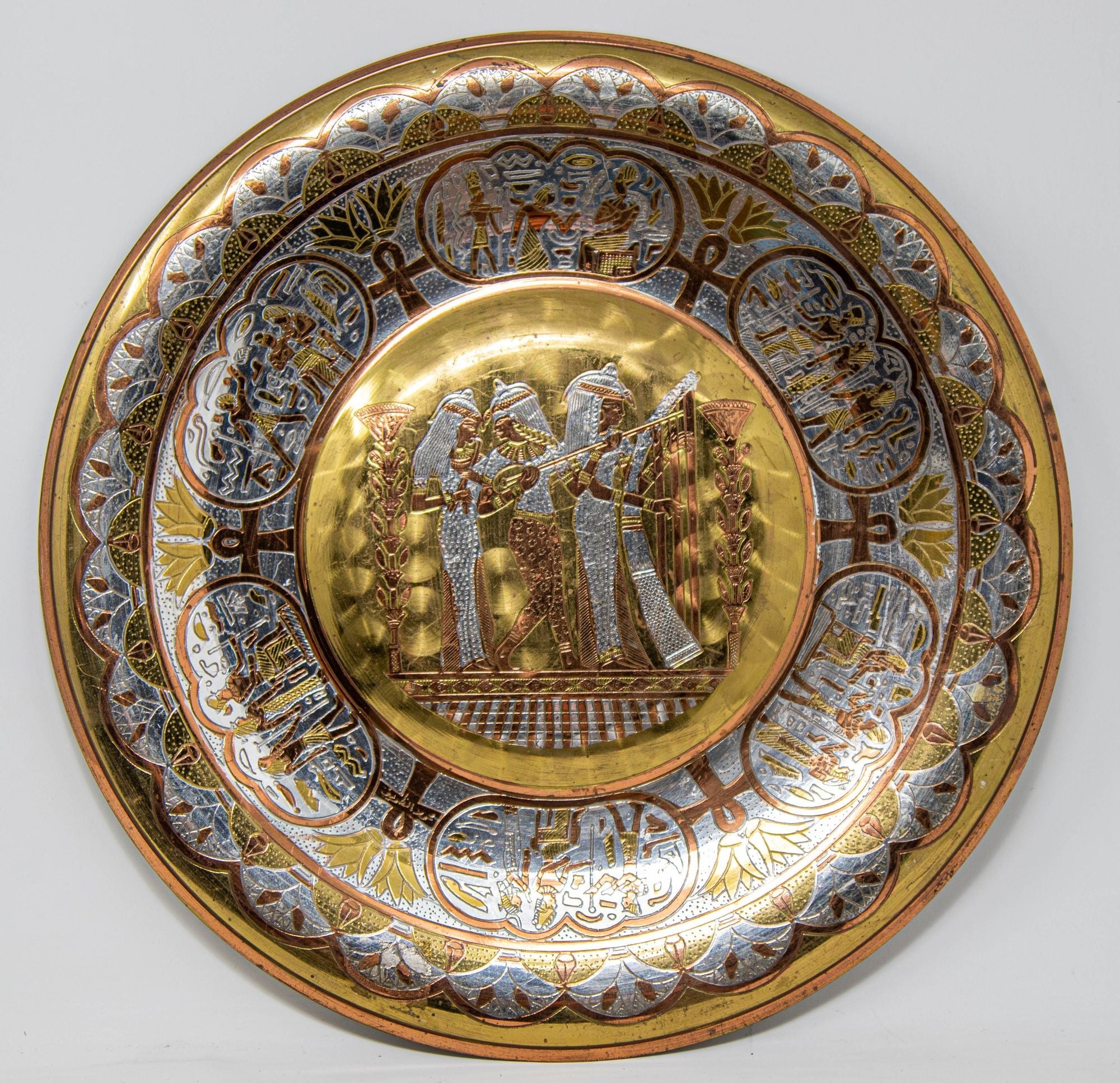 Egyptian Round Brass Tray with Silver and Copper Overlay Wall Hanging 1970
