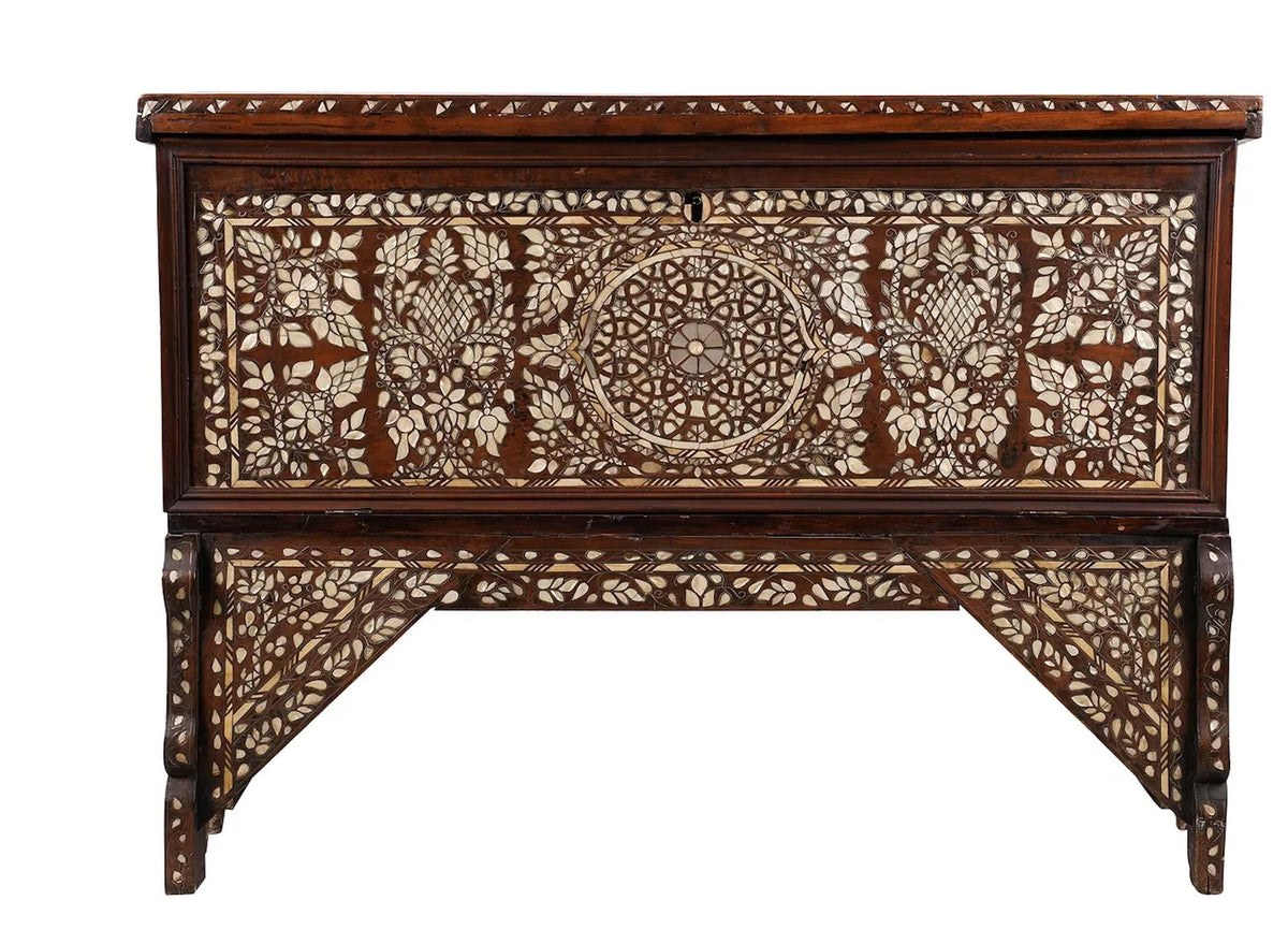 Large 19th-Century Ottoman Levantine Mother-of-Pearl Inlaid Dowry Chest