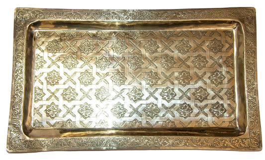 An ornate rectangular silver tray with a raised gold-toned border, featuring an intricate geometric floral pattern on the inner surface.
