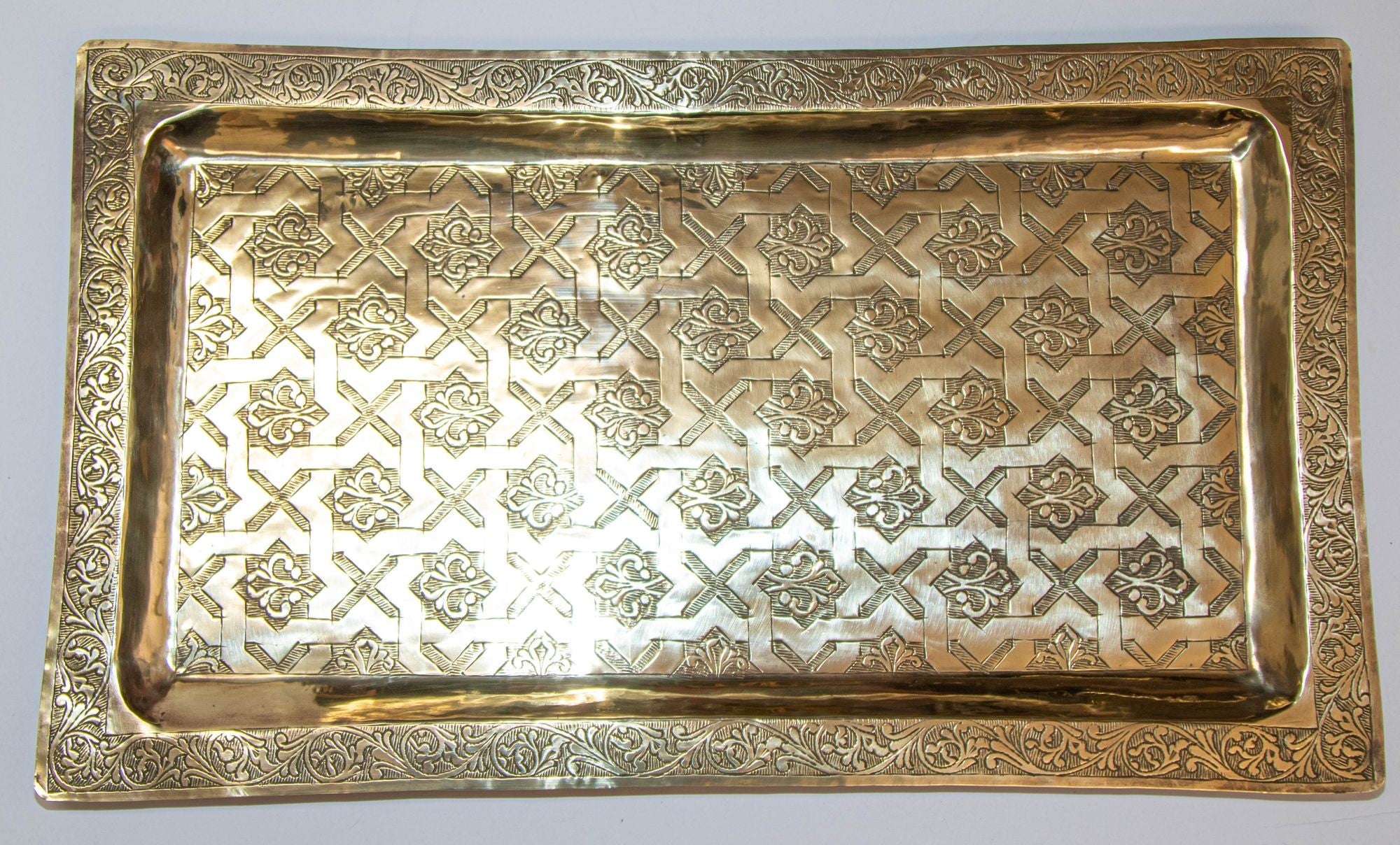 1940s Moroccan Brass Tray Rectangular Shape Polished Gold Brass Serving Platter
