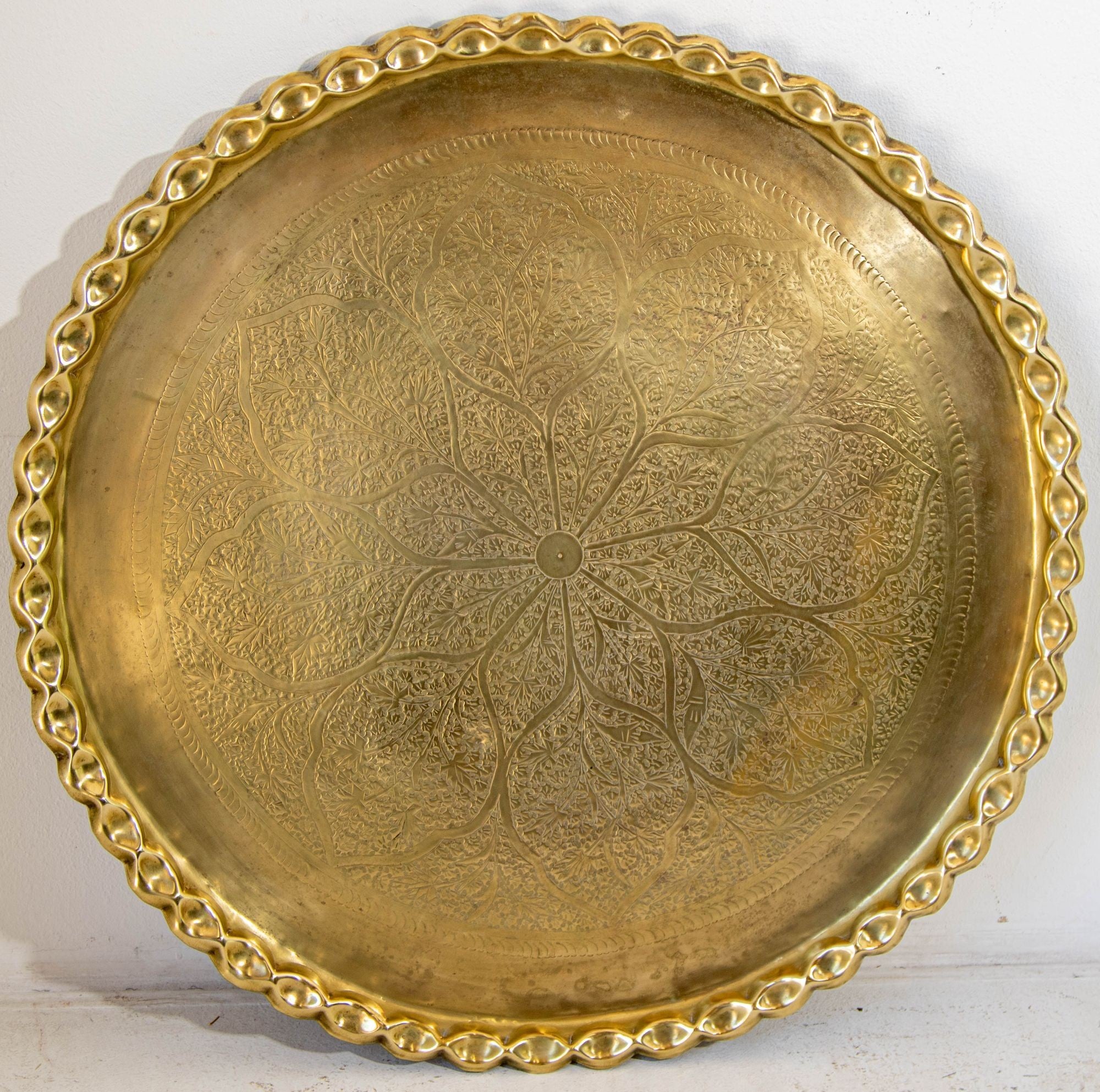 Antique Islamic Mughal Rajasthani Large Moorish Round Brass Tray with Crest Edges 30 in.