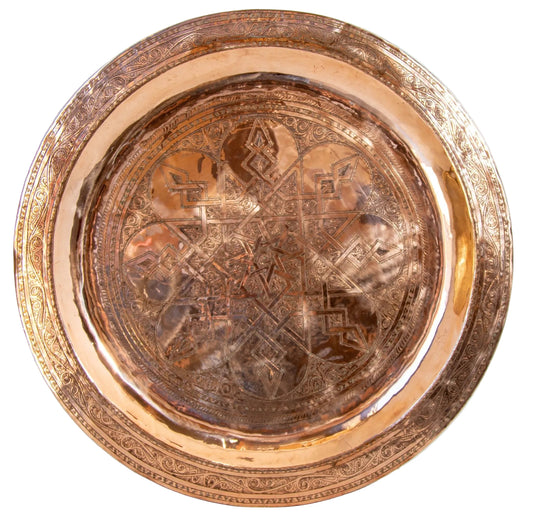 Antique Oversized Moroccan Metal Copper Tray 31 in Diameter