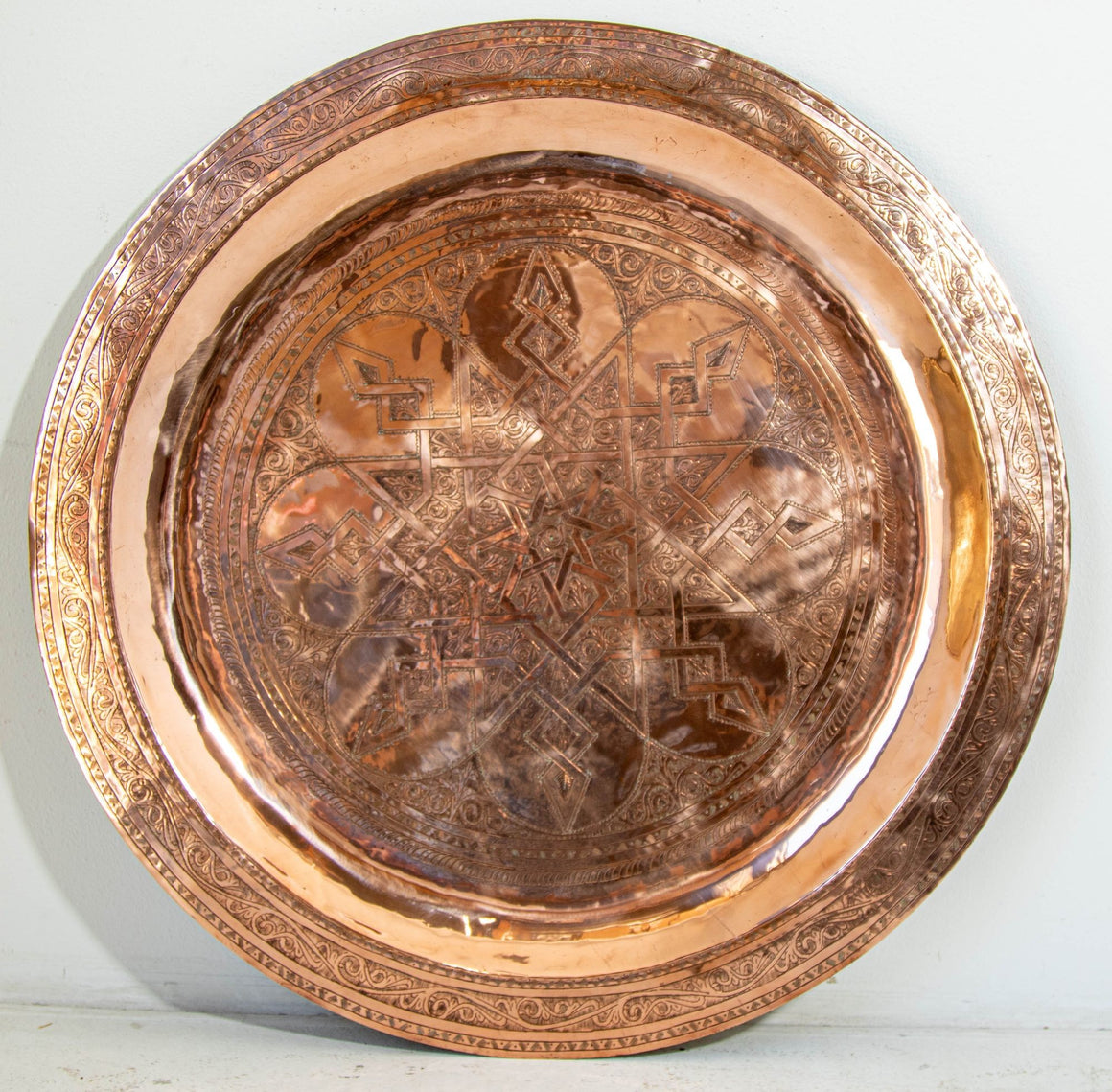 1920s Antique Hand Tooled Oversized Moroccan Metal Copper Tray 31 in. D.