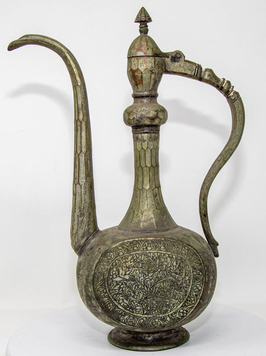 Antique Qajar Persian Tinned Metal Ewer, Engraved Design, Circa 1800