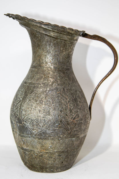 19th Century Persian Qajar Engraved Tinned Copper Ewer Pitcher