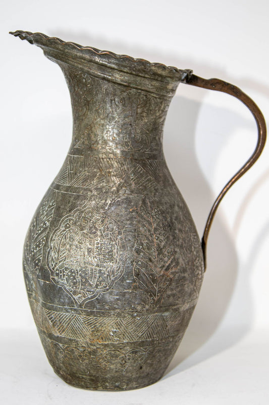 19th Century Persian Qajar Engraved Tinned Copper Ewer Pitcher