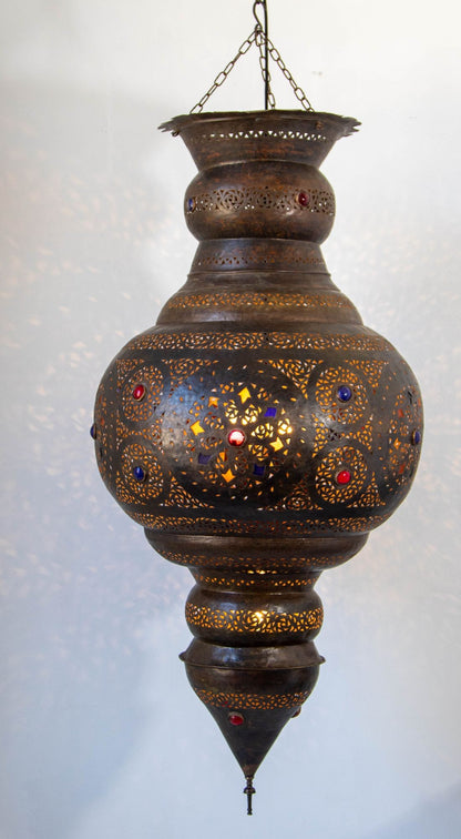 Large Moroccan Moorish Pierced Brass Chandelier with Colored Glass, circa 1940