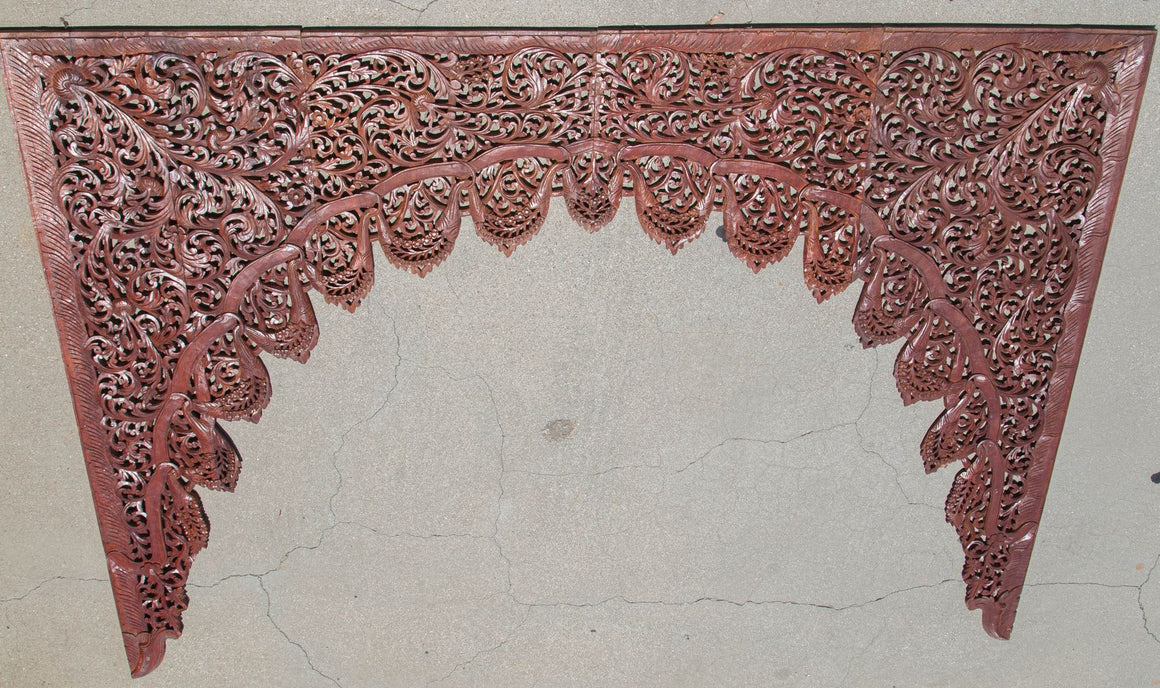 Asian Hand-Carved Wooden Architectural Arched Wall Door Panel