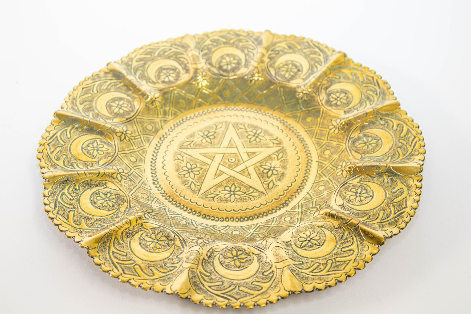 1950s Moroccan Brass Tray with Star and Moon Pattern 13 in. Diameter
