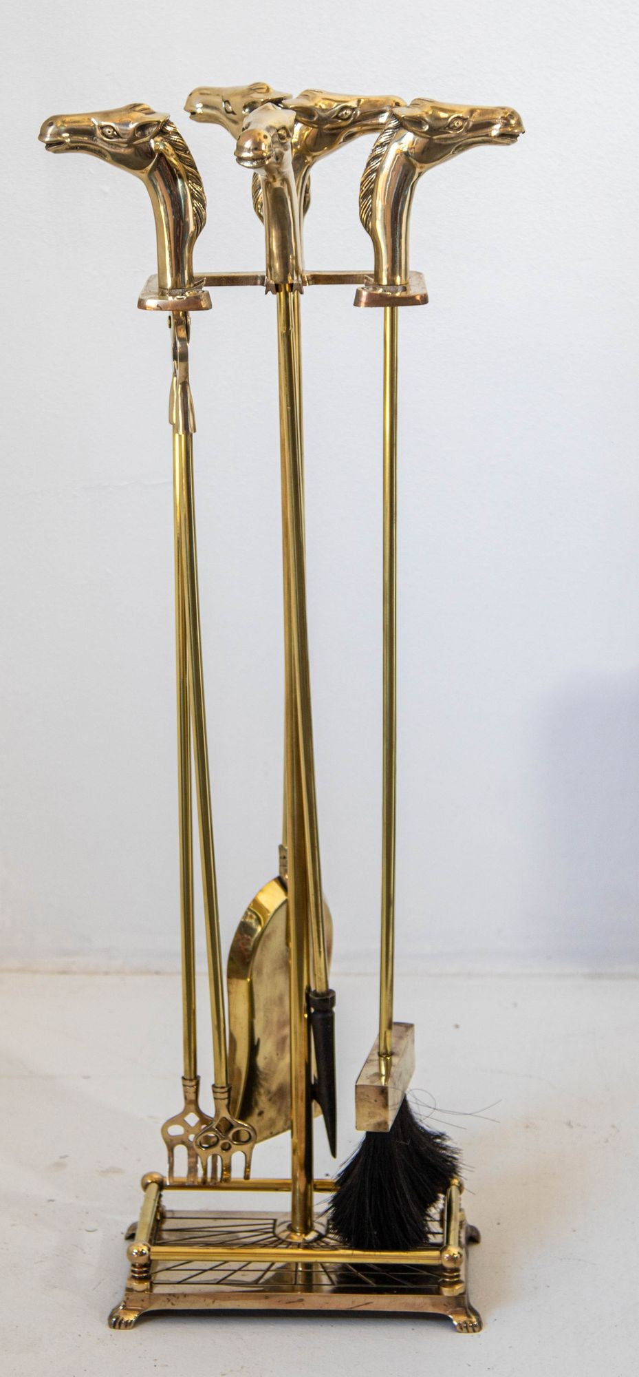 French Brass Horse Head Fireplace Tool Set Equestrian Hollywood Regency Style