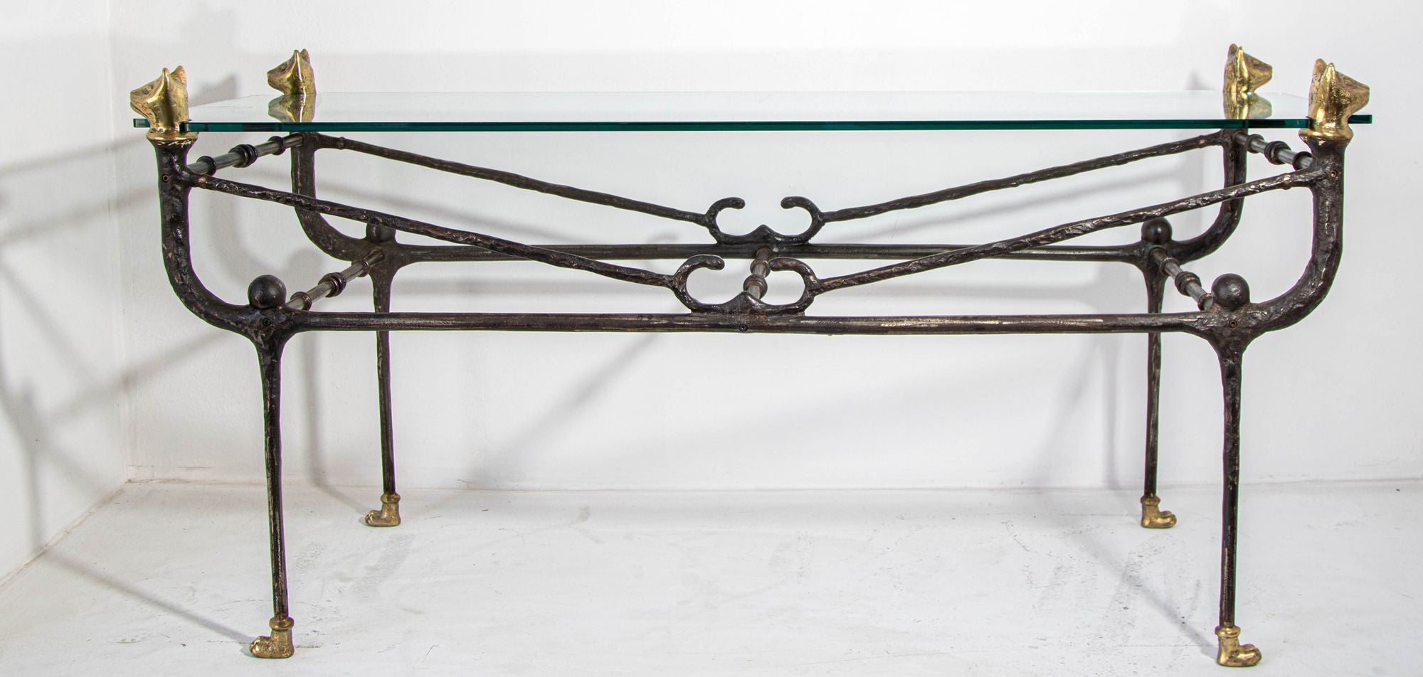 Giacometti Style Sculptural Brutalist Iron and Glass Console Table With Cat Head