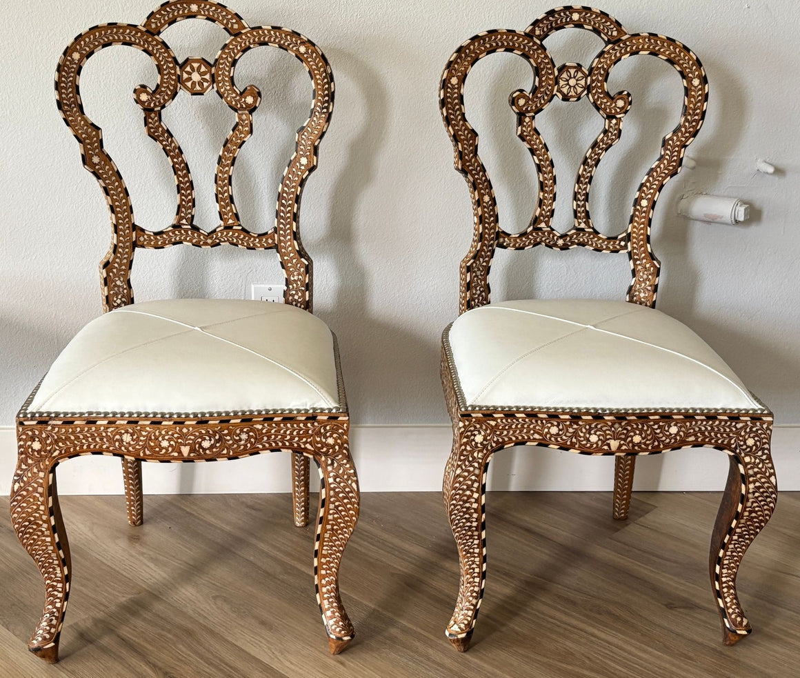 Pair of Anglo-Indian Bone-Inlaid Teakwood Side Chairs Mughal Revival