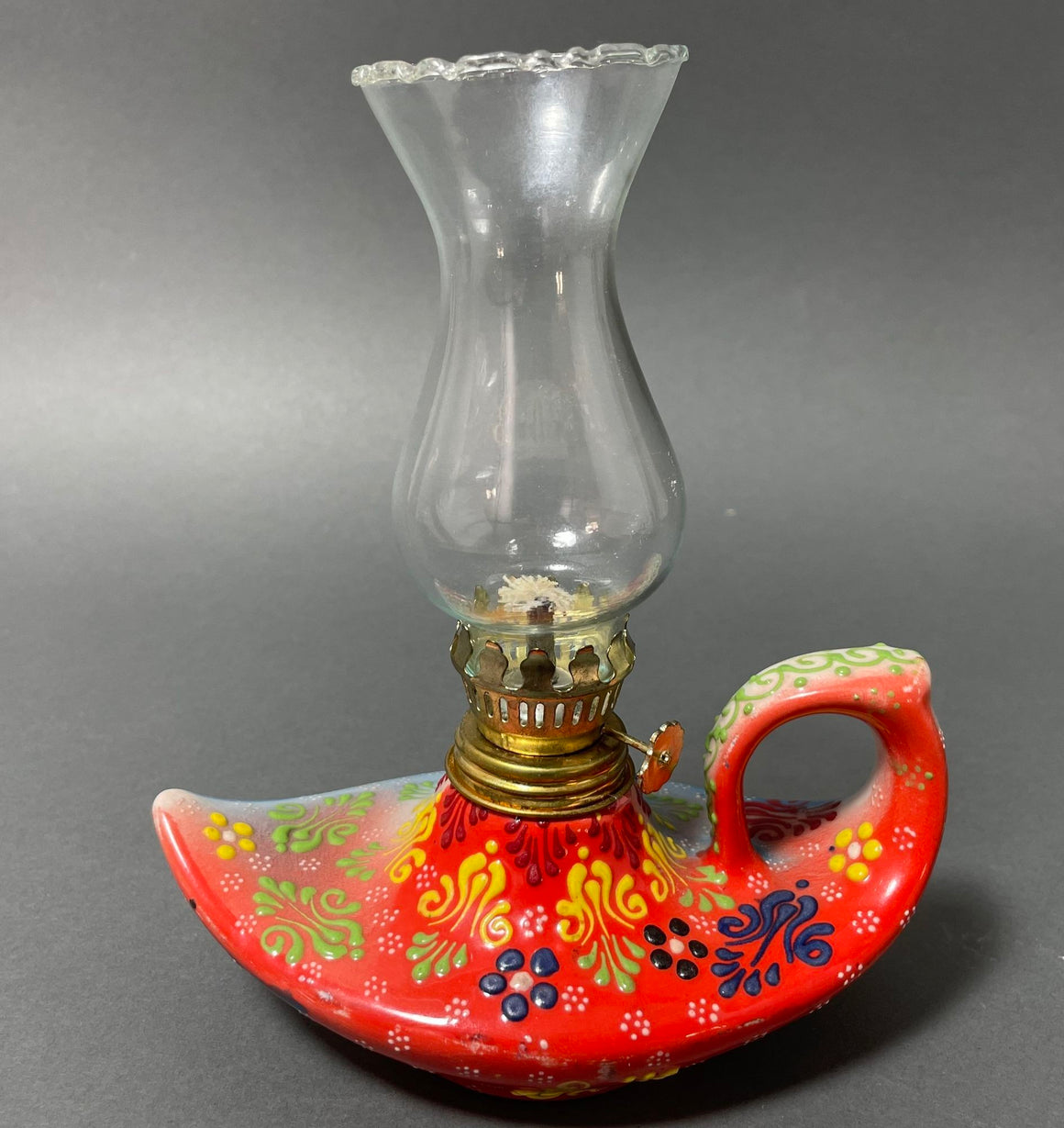 Aladdin style handmade red ceramic Turkish oil lamp