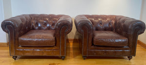 Vintage English Brown Leather Tufted Chesterfield Club Armchairs a Pair