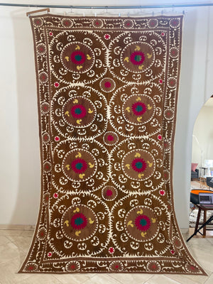 Vintage Embroidered Uzbekistan Suzani Tapestry Wall Hanging Brown and Pink XL