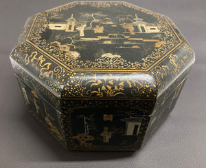 Large Chinese Tea Box Black Lacquered Gilt Hand Painted Octagonal Box 1940s