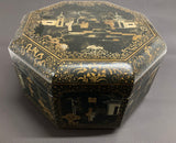 Large Chinese Tea Box Black Lacquered Gilt Hand Painted Octagonal Box 1940s