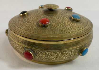 Vintage Moroccan Jewelled Trinket Brass Round Box with Beads
