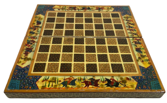 A vintage Persian micro mosaic chess game box with intricate handcrafted Persian styled chess game board and delicate miniature paintings.